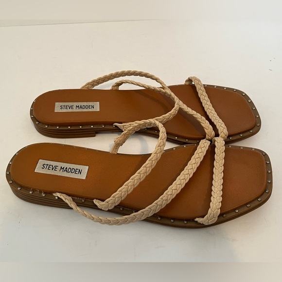 STEVE MADDEN Women's Starie Square Toe Stud Trim Braided Strappy Sandals - Picture 7 of 13